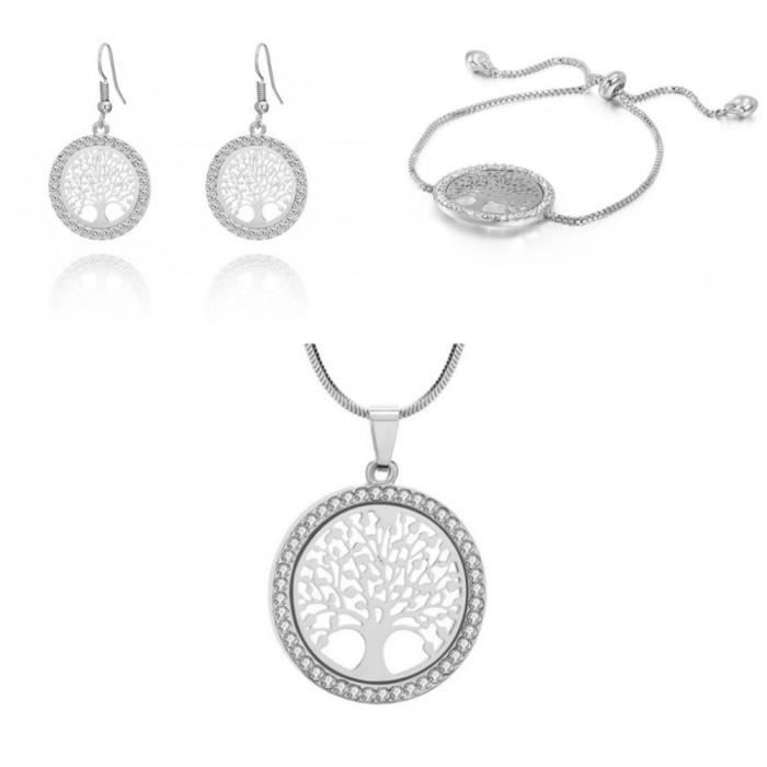 Pack Collier + Bracelet + Boucles D'oreilles Arbre De Vie Prem Argenté