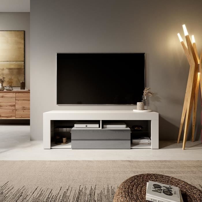 Meuble TV / Banc TV - BIANKO - 140 cm - blanc mat / gris brillant - sans LED - style moderne - tablettes en verre