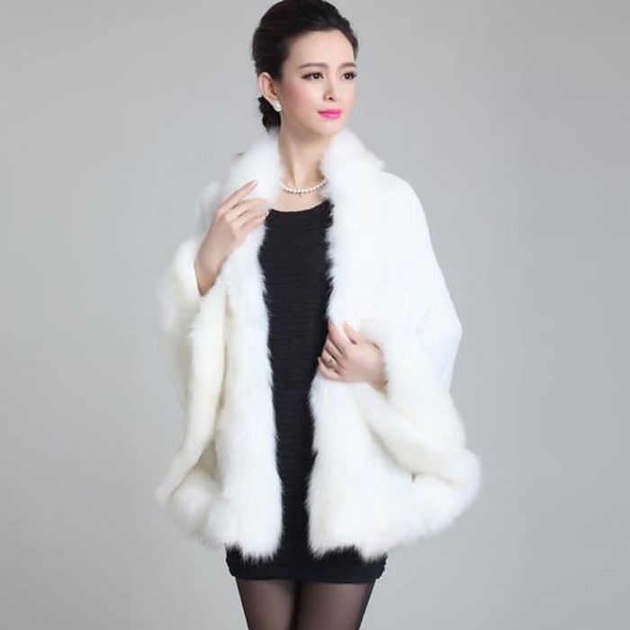 Châle Manteau Femme Chaud Hiver Cape en Fausse Fourrure Cachemire Pardessus Élégant Poncho écharpe fête Foulard Outwear Blanc