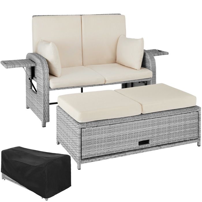 TECTAKE Canapé de jardin CRÈTE en Résine tressée modulable en Bain de soleil 2 Places Coffre de rangement Cadre en Alu Gris Clair