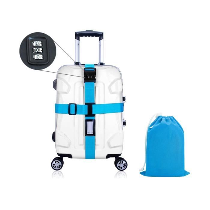 Sangle de Bagage Courroies Réglables de Valise avec La Ceinture de Serrure et l'Étiquette de Nom - Bleu