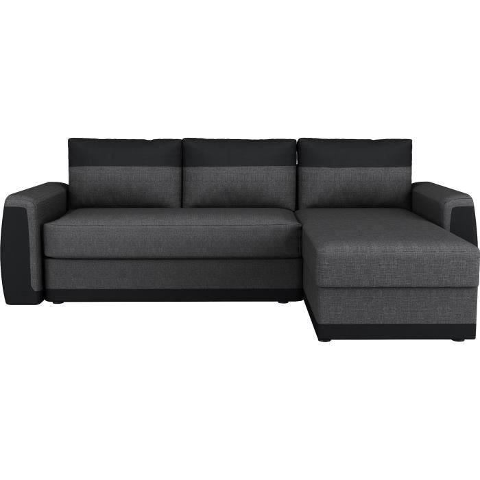 Canapé d'angle convertible 3 places JAMES - Simili noir et tissu gris anthracite - Contemporain - L 