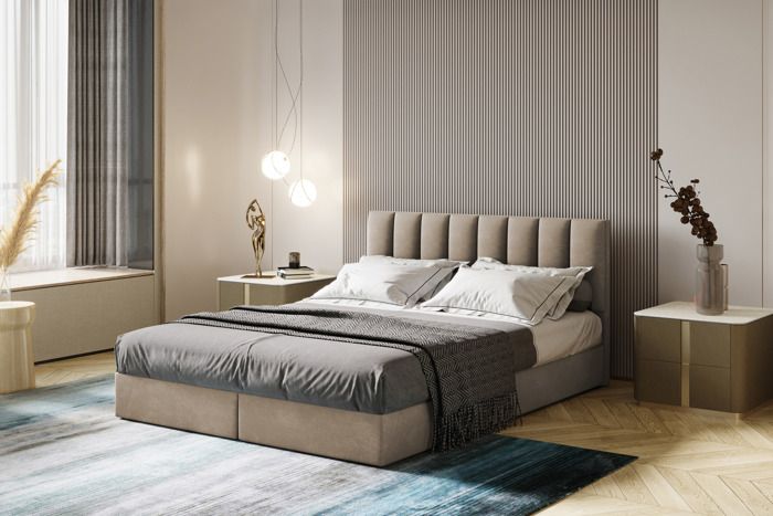 Lit adulte 160x200 cm CITY - avec matelas ressorts intégrés rangement et surmatelas – tissu velours - beige