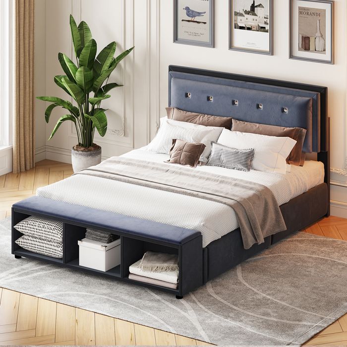 lit double velours gris 140 x 200 cm, lit capitonné pour adulte, tête de lit réglable, avec banc de rangements mobile, contemporain