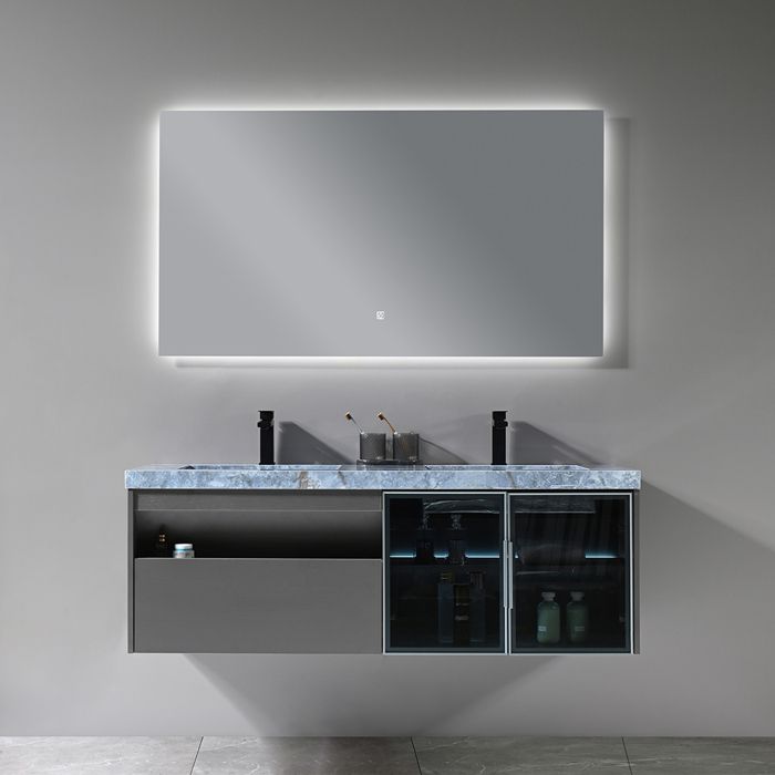 Meuble de salle de bain double vasque 140cm gris et effet marbre bleu avec miroir LED LB-8509 LuxuryBain-