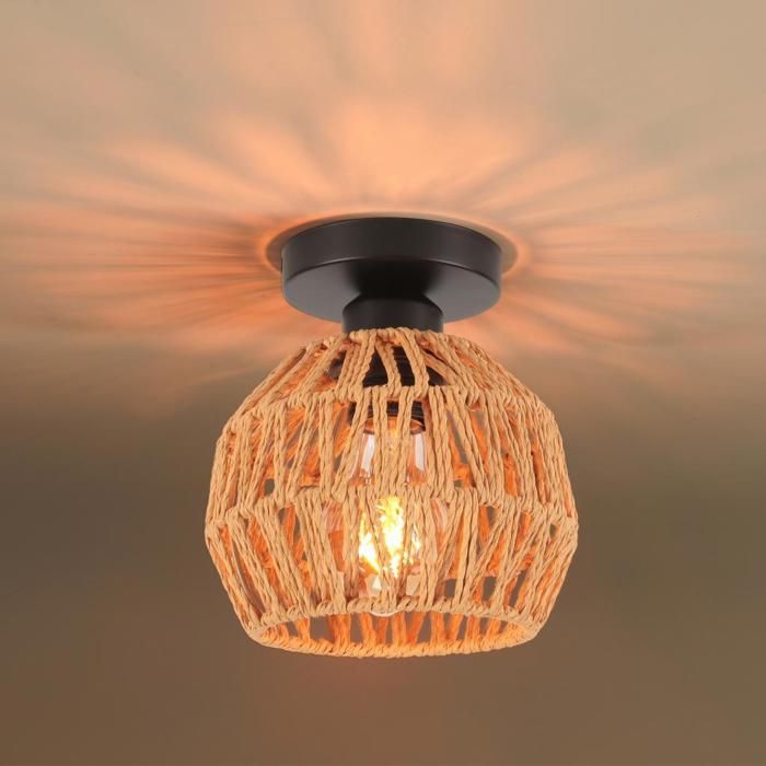 iDEGU Plafonnier Vintage Lustre Industrielle en Rotin Lampe de Plafond Abat-jour Design Cage pour Salon Chambre