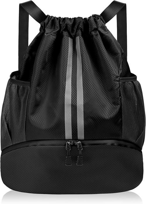 Sac à dos de sport étanche avec cordon de serrage compartiment à chaussures et poches en filet pour bouteille deau noir