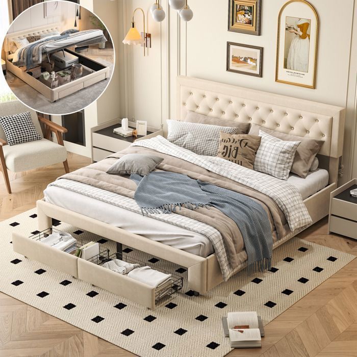 Lit 160x200cm avec 2 tiroirs Lit Coffre 160x200 avec RangementCadre de lit double adulte avec sommier à Lattes VeloursBeige