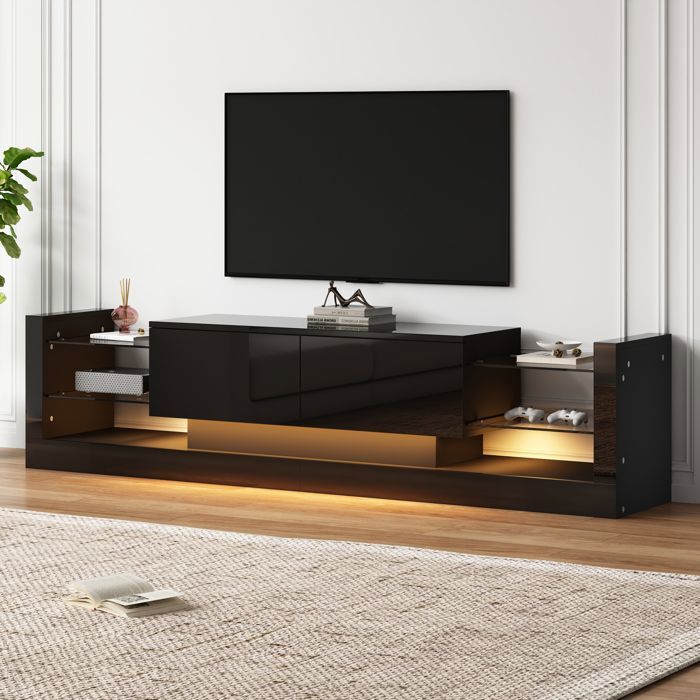 Meuble TV haut brillant 181 cm - REDOM - avec éclairage LED Pour téléviseurs jusquà 80 pouces 2 tiroirs rabattables