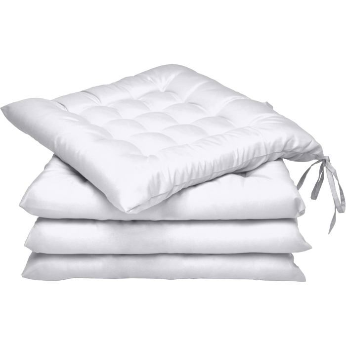 Lot de 4 coussins de chaise 40x40x5 cm Blanc - épais attaches intérieur et extérieur