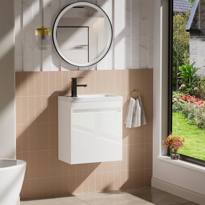 GOOBUY Meuble de Salle de Bain Mural 51 cm Meuble-Lavabo Suspendu avec Rangement Lavabo en Résine avec Robinet Blanc