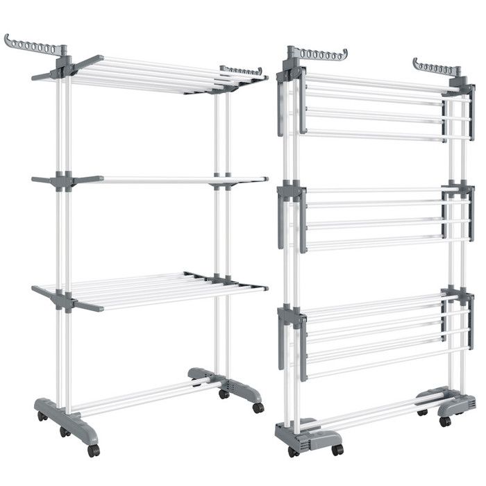 Étendoir à Linge Séchoir Mobile à 4 Niveaux avec Roulettes Pliable 635 x 1255 x 173 cm Grande Capacité Blanc et Gris
