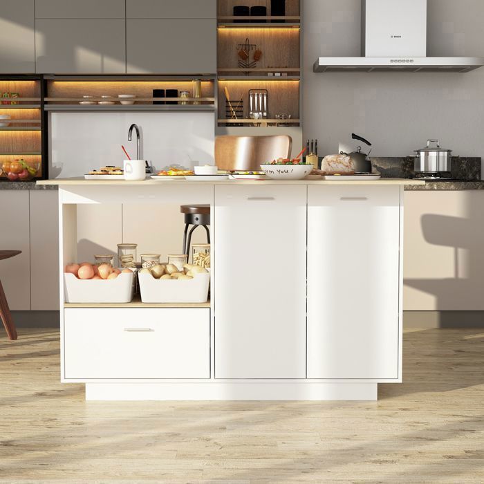 Ilot Central de Cuisine avec Plan de Travail Extensible Desserte de Cuisine avec Tiroir et 2 Portes 150x80x91 Blanc
