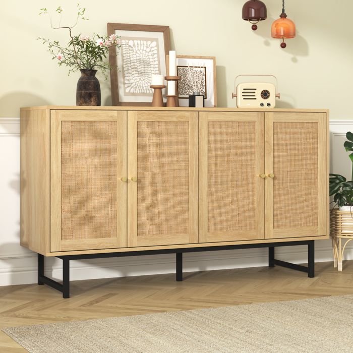 Buffet 140x39 5x80 cm avec tressage en rotin véritable 4 portes