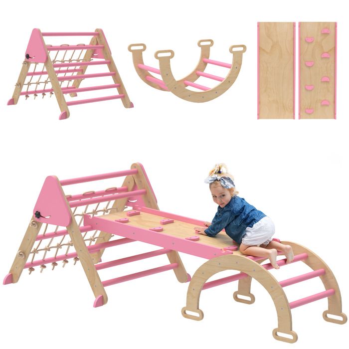 Triangle descalade enfants - 8 en 1 - avec rampe double face arc descalade en bois peuplier avec toboggan & échelle - rose