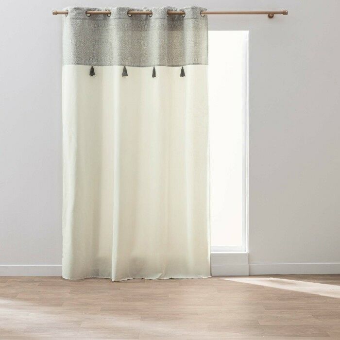 Rideau à œillets Manolo 140 x 240 cm coton/polyester naturel - tamisant haut tissé métallisé avec pompons