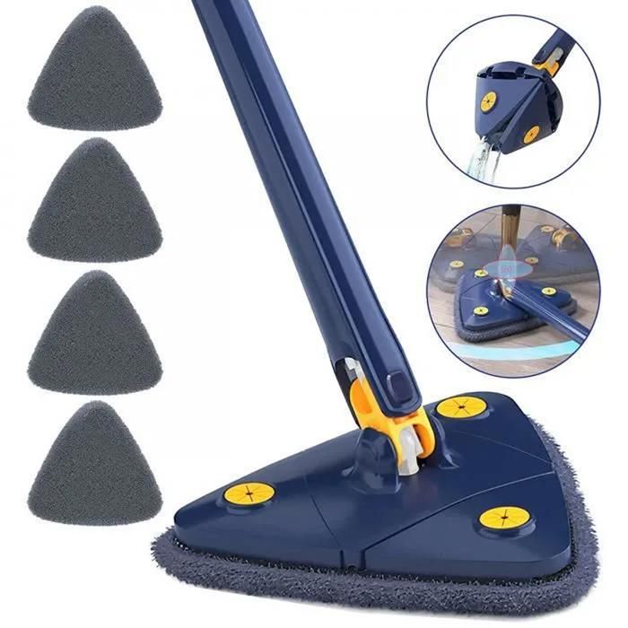 Vadrouille De Nettoyage Triangulaire Rotatif à 360° Réglable Auto-comprimante Pliable Télescopique Avec 4 Chiffon Balai De