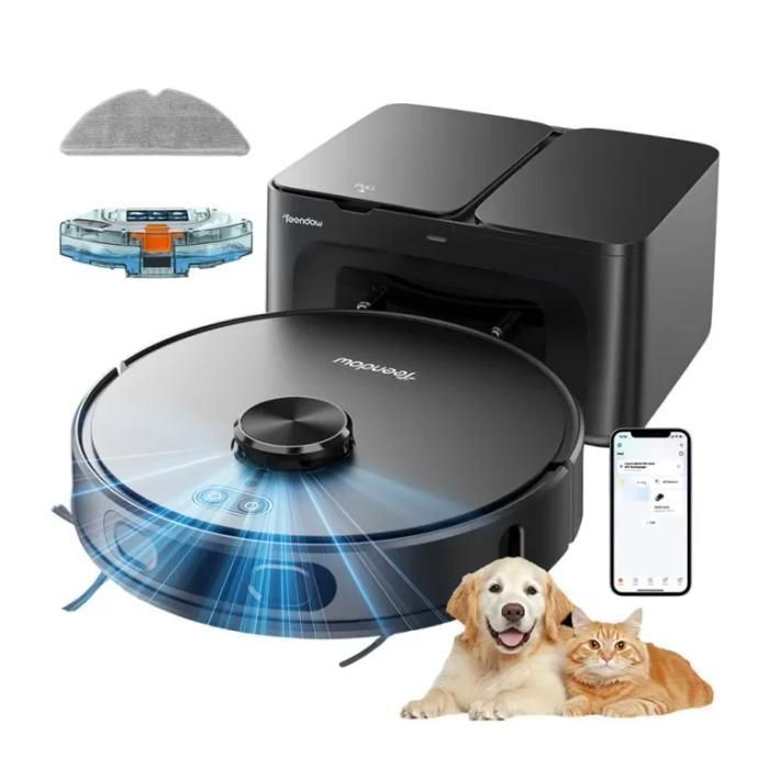 Teendow Aspirateur Robot 2-en-1 6000Pa – Vidange Automatique 17kPa – Autonomie 220min – Fonctionnement silencieux – Contrôle via App - Teendow