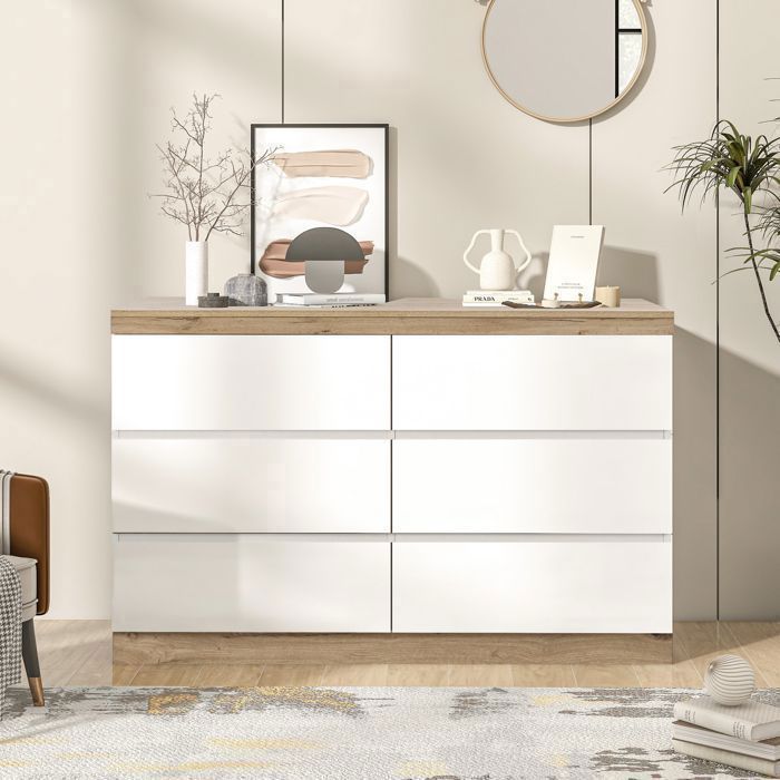 Commode - Memkey - Panneau de particules E1 blanc/chêne - 6 tiroirs rangement chambre et salon