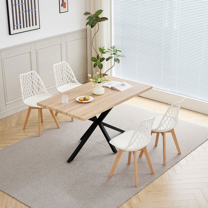 Ensemble Table et Chaises à Manger -HJhomeheart - Table MDF Couleur chêne 140cm - avec 4 Chaises Scandinaves Blanc