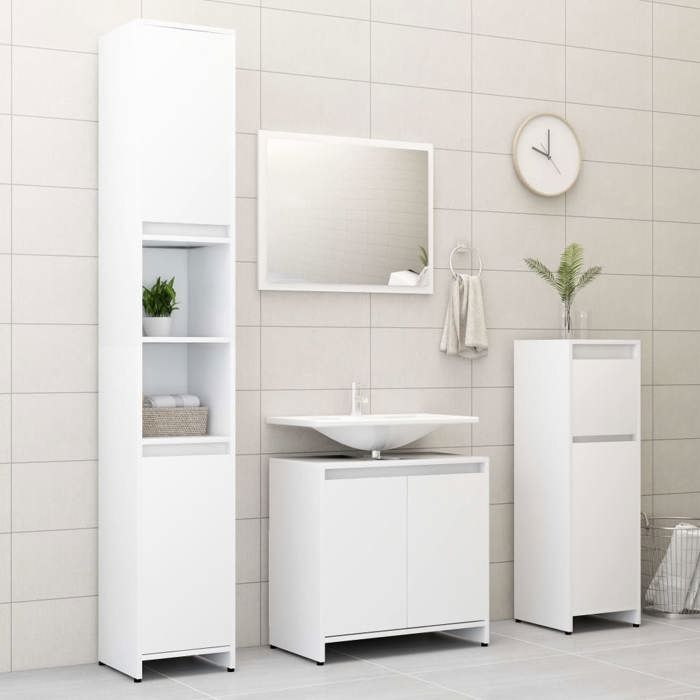 En PromotionEnsemble de meubles de bain 3 pcs - Set de salle de bain/meuble de rangement - SHIELD - Blanc Bois dingénierie 408752