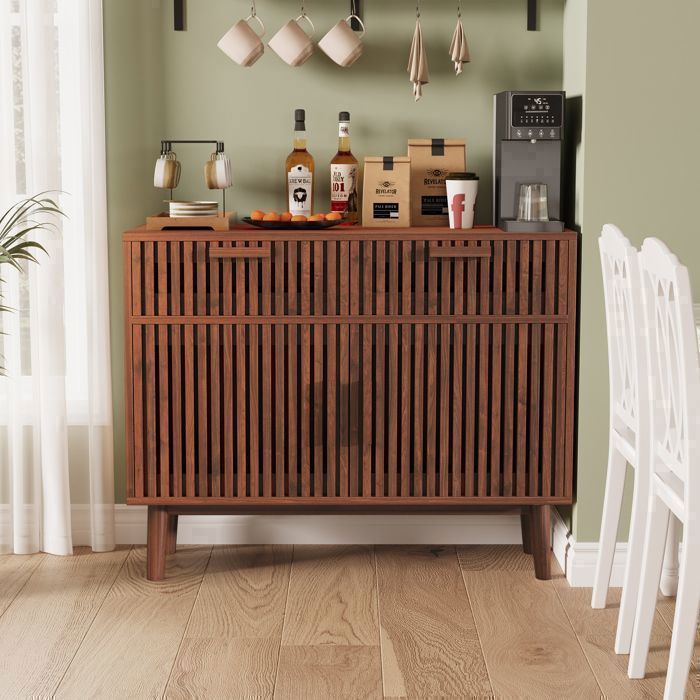 Buffet bahut bas 100cm 2 Tiroirs et 2 Portes Meuble de Rangement Commode en Bois de noyer pour SalonCuisineBureau