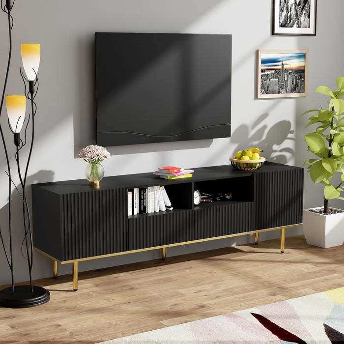 Meuble TV moderne - 165x36x55 cm - Noir et Or - Panneau de particules - 2 tiroirs - 2 compartiments - Pieds dorés