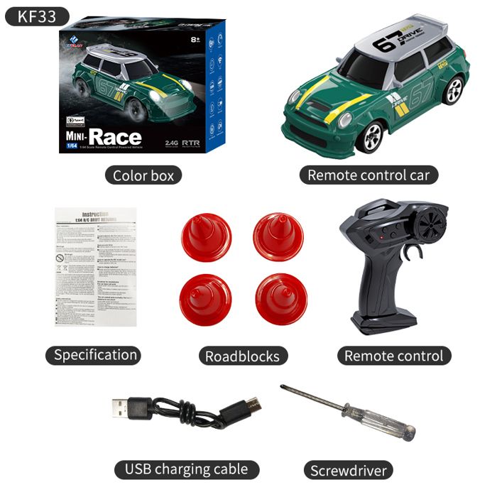 Voiture Télécommandée Drift 1:64 – 4WD Avec Phares LED, Motrices Et Direction Proportionnelle, Rechargeable USB-C, Idéale Pour Adultes Et Enfants (Noir)