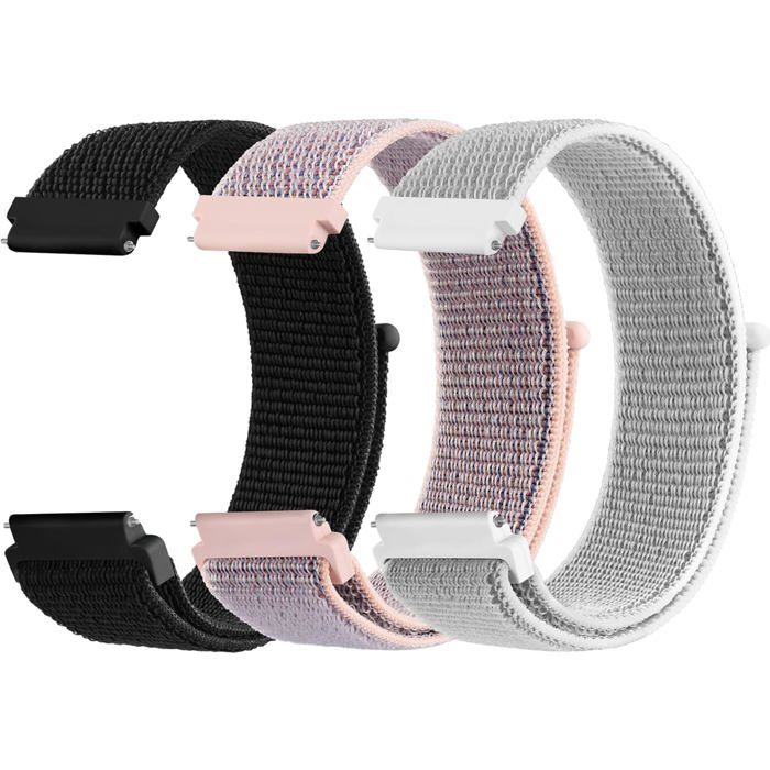 Bracelet nylon 20 mm à dégagement rapide couleurs rose/noir/gris compatible smartwatch unisexe sport léger