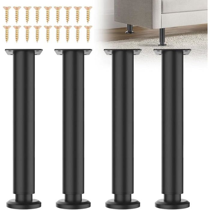 Lot de 4 Pieds de lit réglables en Hauteur 25-42 cm - Supports ls en Métal pour Sommier à Lattes Armoire Canapé Noir PIED DE TABLE