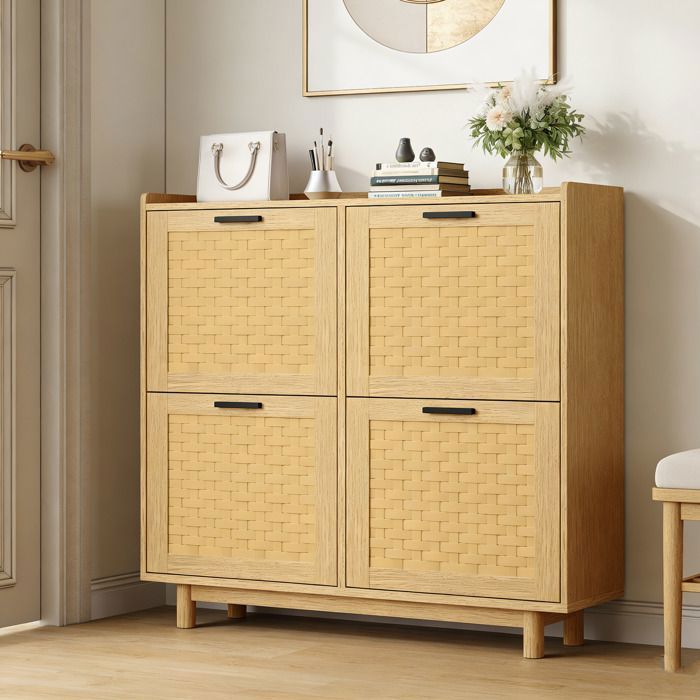 Meuble à Chaussures Entree Rabattant - Armoire Bois Simili Rotin - Anti-basculement Étagères Réglables - pour 15 Paires-100x24x95cm