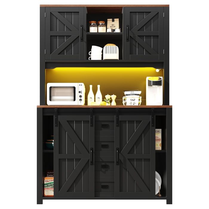 Meuble de Rangement avec éclairage LED Buffet Cuisine avec 4 Portes Coulissantes et 4 Tiroirs Style Campagne115x40 x174.7cmBlanc