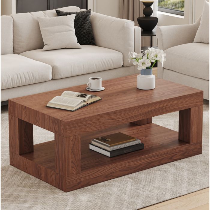 Table basse rectangulaire noyer à 2 niveaux en MDF style industriel