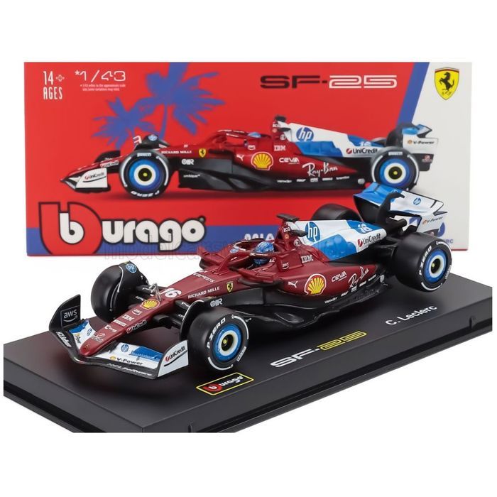 Véhicule miniature de collection - BBURAGO - FERRARI SF-25 - Échelle 1/43 - Miami GP 2025 (C. Leclerc) - Rouge/Blanc/Bleu