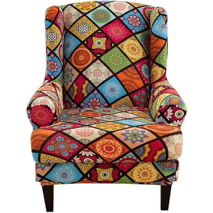 Housse de Fauteuil à Oreilles Extensible 2 Pièces + Housse Coussin Antidérapant Imprimé Mandala pour Salon/Hôte HOUSSE DE FAUTEUIL