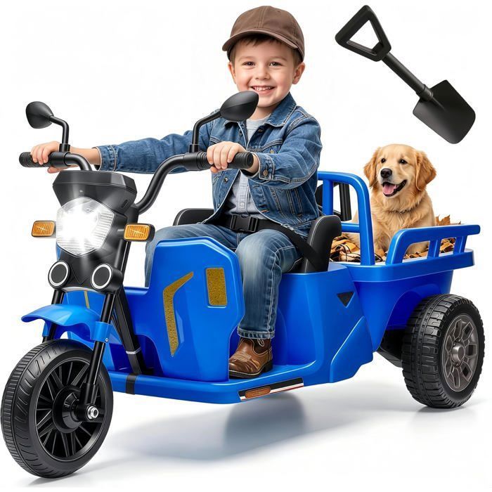 Tracteur Électrique Enfant 12V Remorque Tuk-Tuk Électrique Enfants Benne-Pelle Musique 3 Roues LED Klaxon 3-8 Ans Bleu