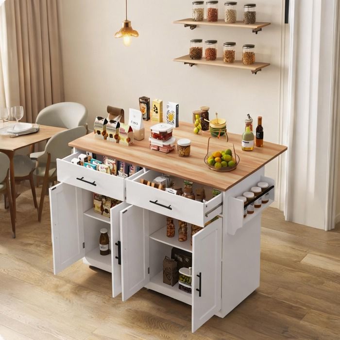 Îlot de cuisine roulant contemporain 120 cm avec plateau pliant blanc et naturel 2 tiroirs 4 portes et porte-serviettes