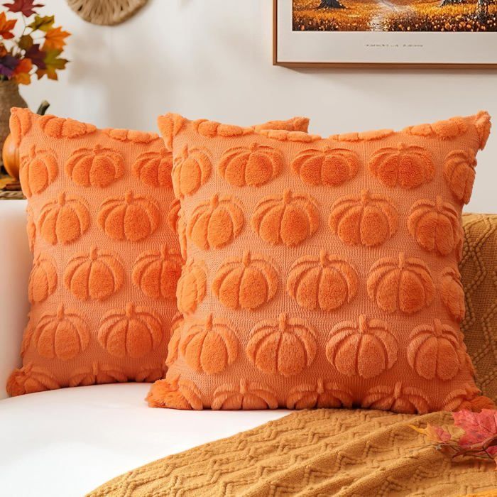 Housse de coussin en peluche automnale bohème 45 x 45 cm – Set de 2 housses modernes en laine pour canapé salon ou jardin – Décor
