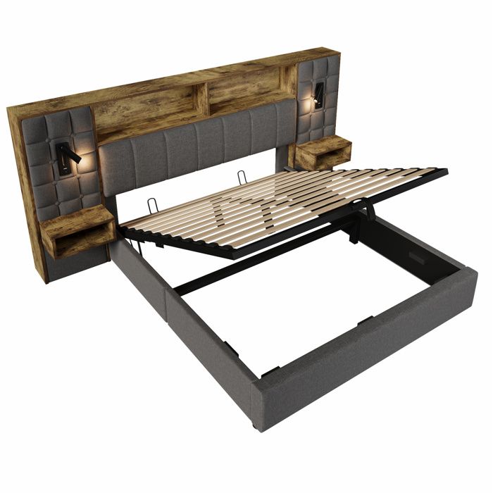 Lit coffre hydraulique 160 x 200 cm gris avec sommier chevets lampes de lecture et ports USB/USB-C