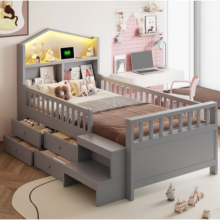 ROVRYN Lit enfant 90 x 200 cm gris avec 4 tiroirs barrières de sécurité marches LED USB et Type-C
