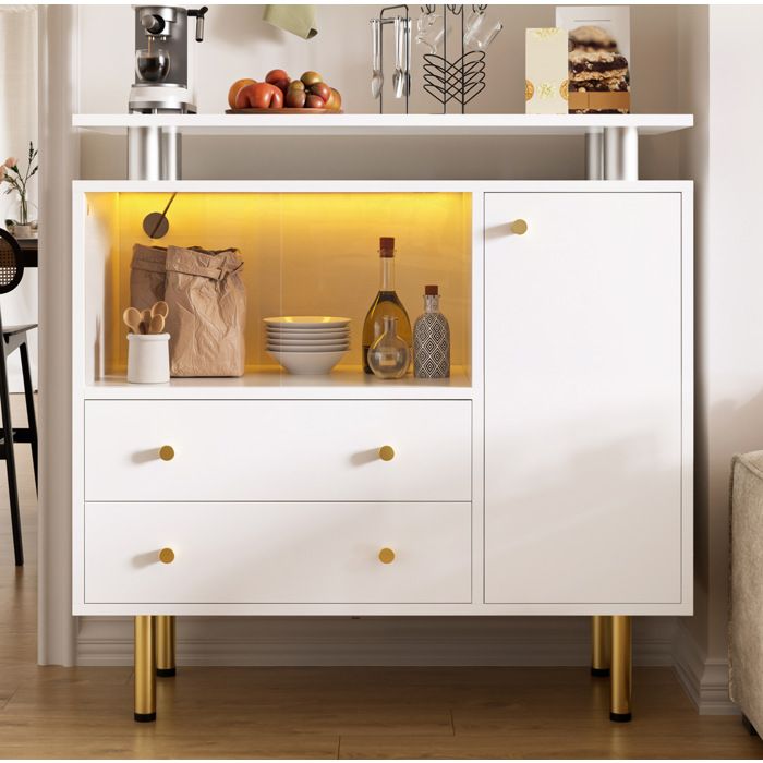 HOMVRA Buffet bas LED blanc 80x35x80 cm 2 portes coulissantes en verre 2 tiroirs et 1 porte