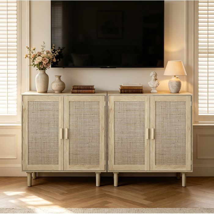 Buffet bas 2 portes en rotin 2 compartiments ouverts et étagère intérieure - ELVMI - Salon naturel 80×40×88 cm