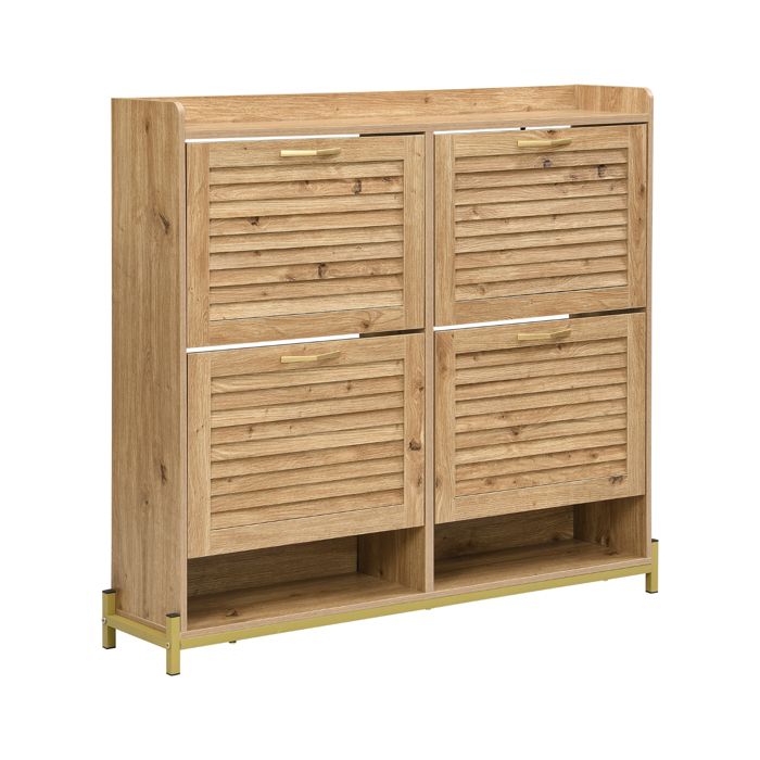 Meuble à chaussures moderne 4 portes avec façade à lattes bois cadre métal et étagère pour entrée et chambre 108 5x24x100 cm