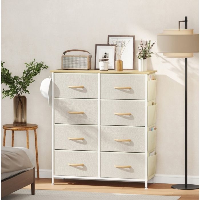 Commode de chambre 86 x 30 x 94 5 cm avec 8 tiroirs en tissu structure en acier 4 poches et 2 crochets beige