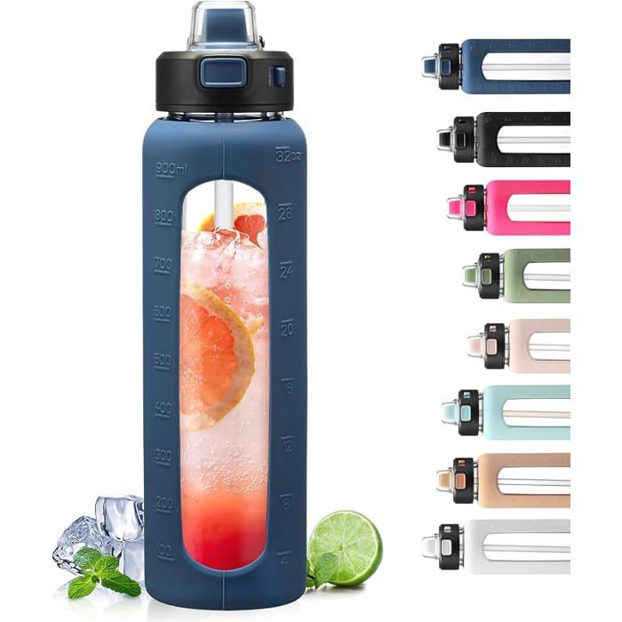 900ML Bouteille eau en Verre avec Poignée et Paille Bouteille hydratation avec Manchon en 900 ml Bleu Foncé