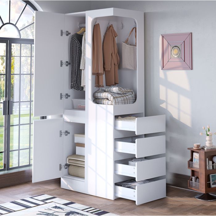 Armoire de chambre blanche 70 x 40 x 170 cm 1 porte 4 tiroirs penderie ouverte bois