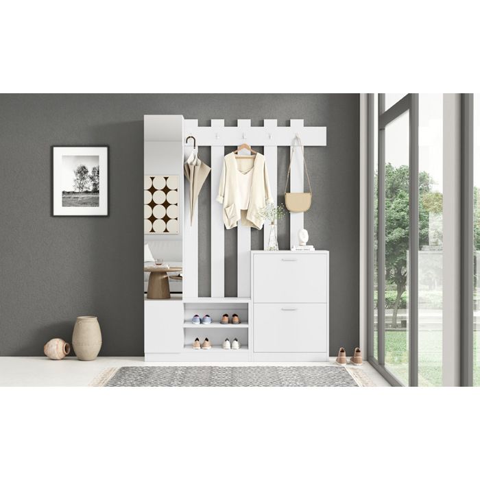 Meuble d’entrée avec miroir 135 x 25 x 180 cm blanc vestiaire avec 5 crochets et rangements à chaussures