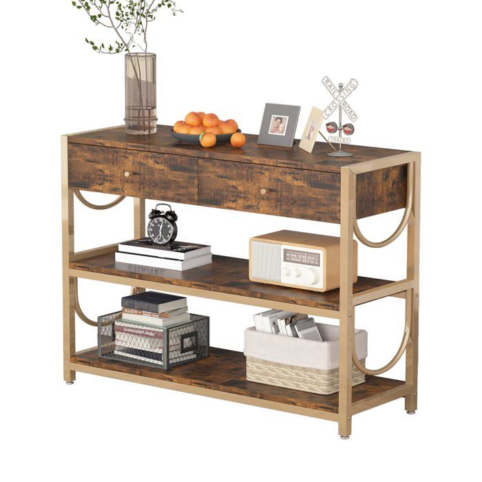 Console rétro bois fumé cadre U doré 3 étagères sans tiroirs industriel salon couloir foyer