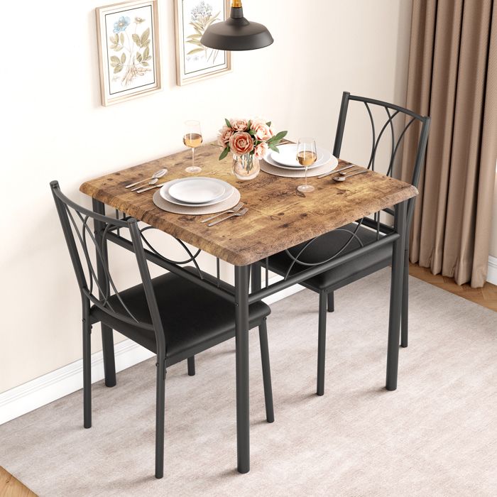 Ensemble Table et Chaises 3 Pièces – Table + 2 Chaises Rembourrées – Brun- 74 x 74 x 76 cm