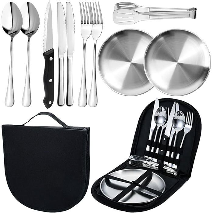 Ensemble vaisselle camping 10 pièces pour 2 personnes acier inoxydable alimentaire avec assiette modèle argenté